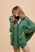 Annie Wear Dark Green Waffle-Knit Mineral Washed Button Down Shirt Dark Green