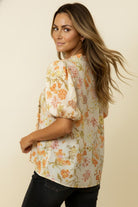 Haptics Frilled Notch Neck Bubble Short Sleeve Top – Oatmeal & Tangerine