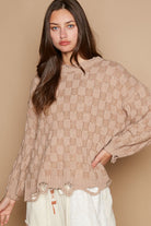 POL Mocha Beige Weaving Cable Knit Distressed Long Sleeve Sweater Mocha Beige Trendsi