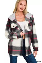 Zenana Black Plaid Drawstring Hooded Fleece Shacket
