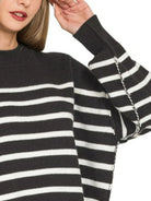 Zenana Black Exposed Seam Striped Oversized Sweater