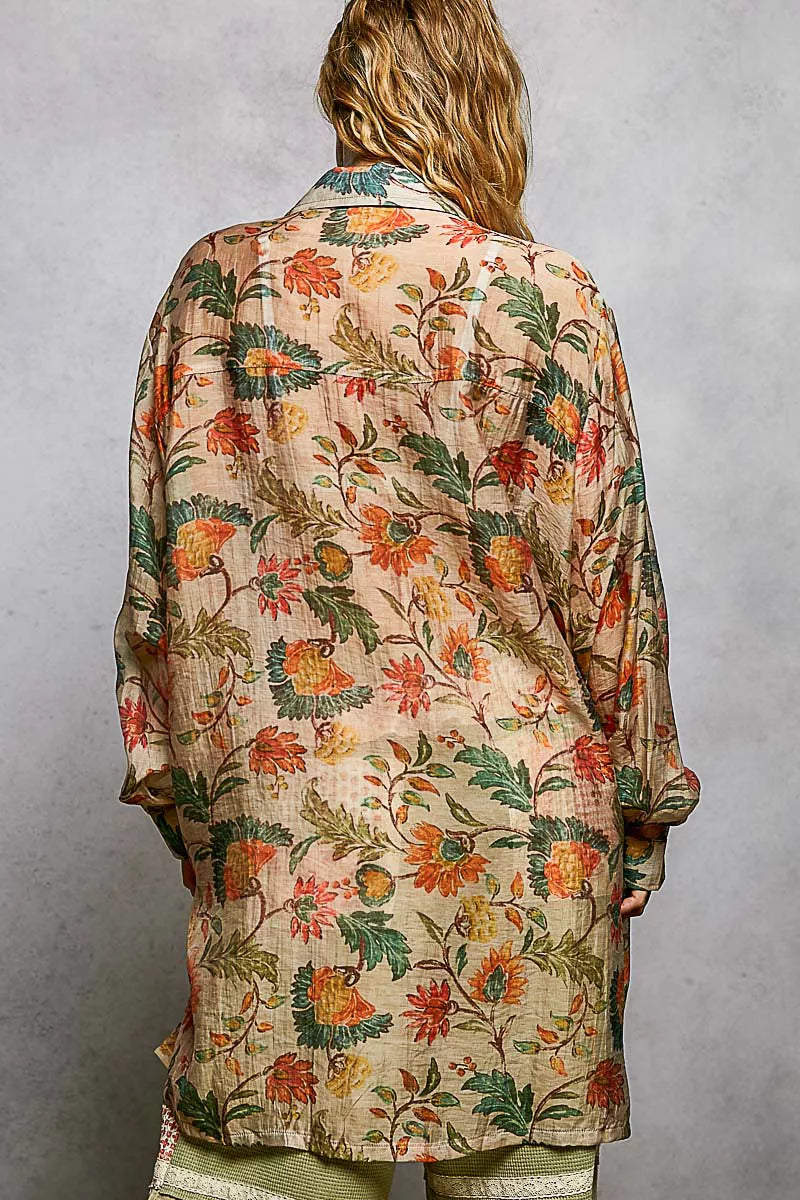 POL Metal Button Down Floral Long Sleeve Bohemian Shirt