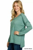 Zenana Hunter Green Soft Melange Hacci Exposed Seam Hi-low Tee