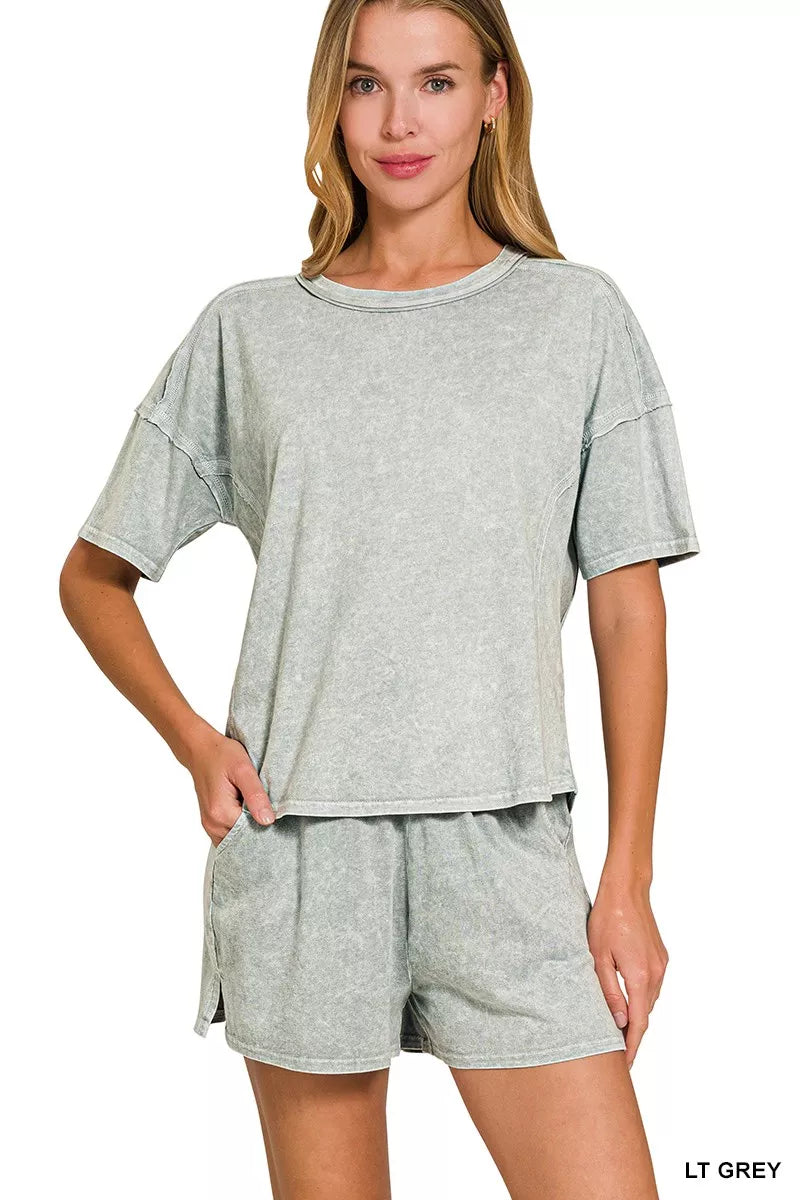 Zenana Light Gray Halo Snow Washed Short Sleeve Tee and Shorts Set