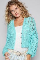 POL Aqua Cable-Knit Openwork V-Neck Button Up Cardigan