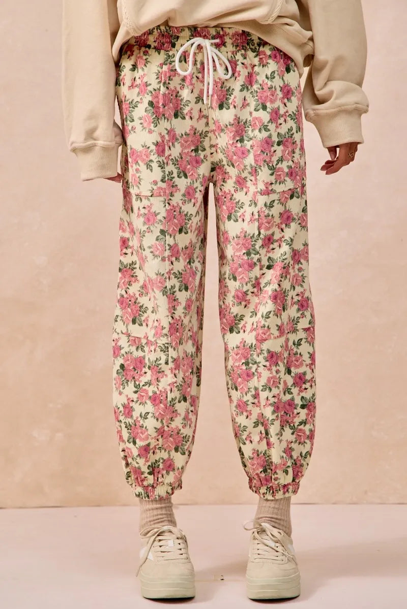 BiBi Cream & Pink Floral Printed Twill Drawstring Pants With Elastic Band CREAM PINK