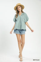 Umgee Mint Blue Lace Inset Puff Sleeve Boho Blouse