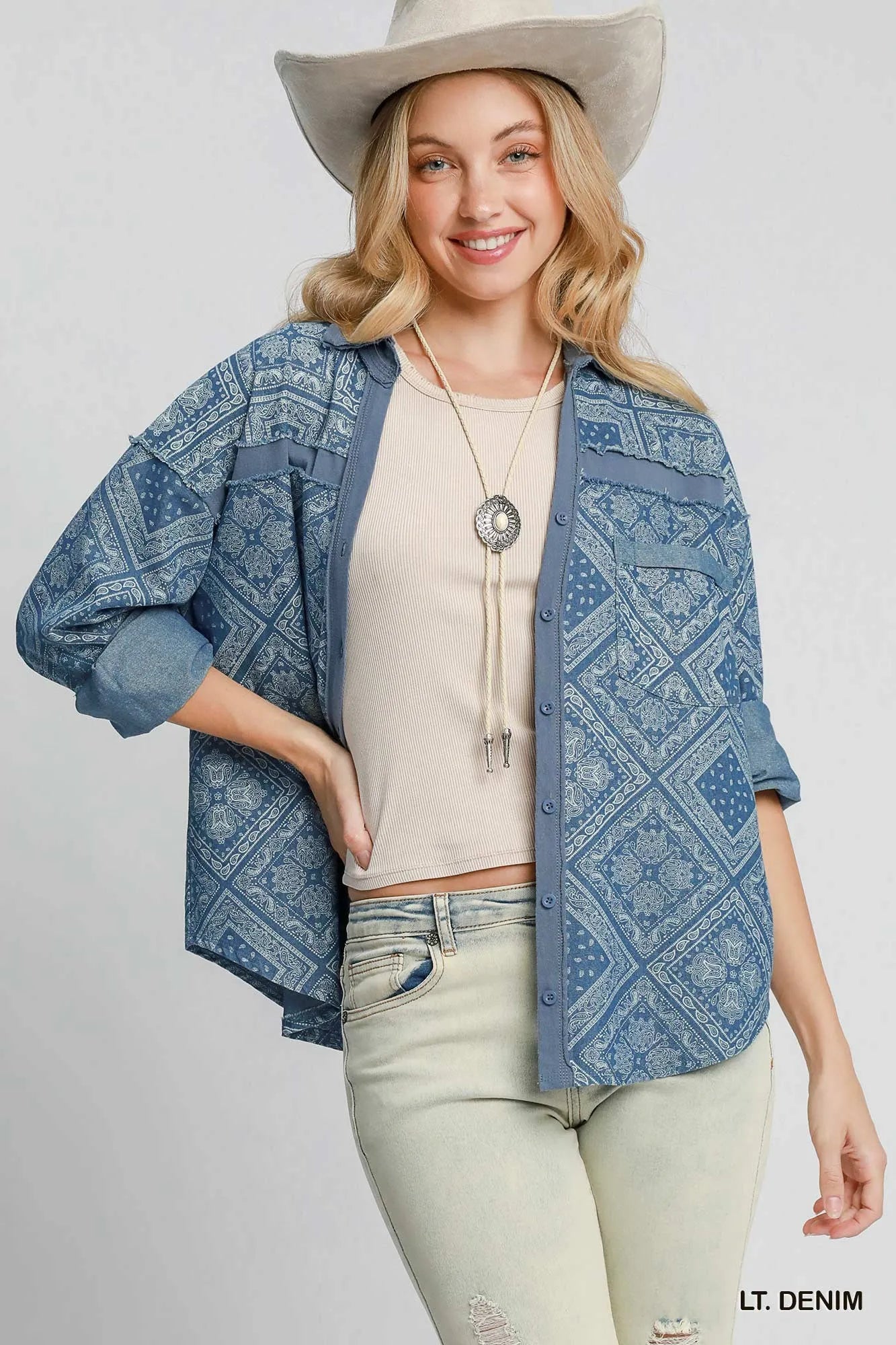 Umgee Light Denim Paisley Print Denim Shirt Jacket