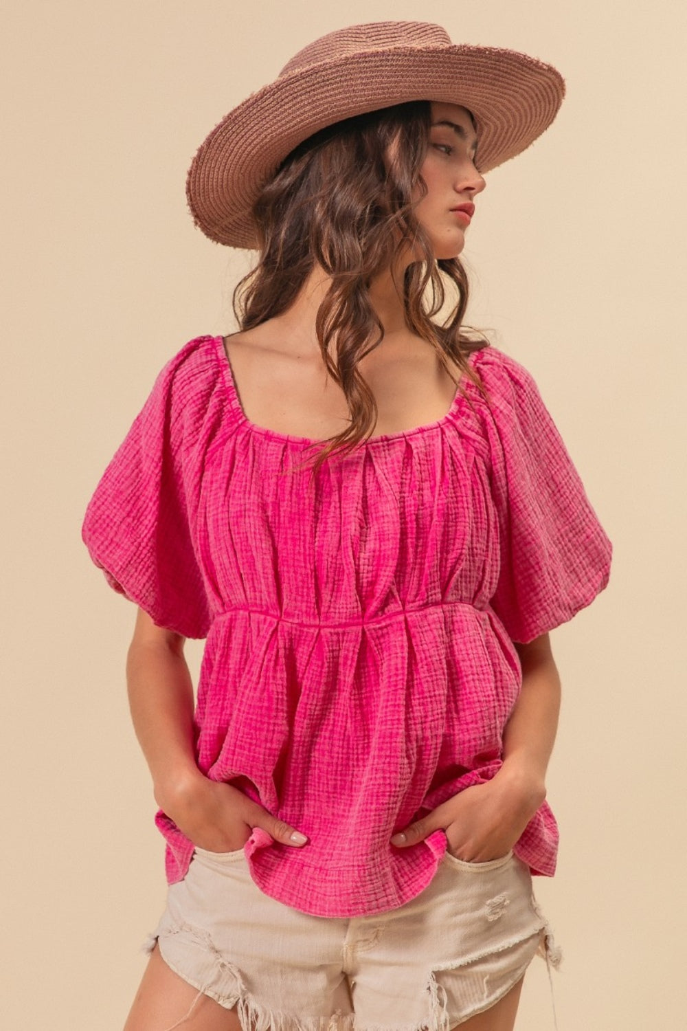 BiBi Fuchsia Crinkle Gauze Pleated Puff Sleeve Washed Blouse Trendsi