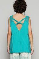 POL Turquoise Lace Detail Studded Crisscross Back V-Neck Sleeveless Top