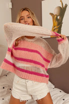 BiBi Ivory & Pink Hollowed Out Yoke Detail Striped Sweater