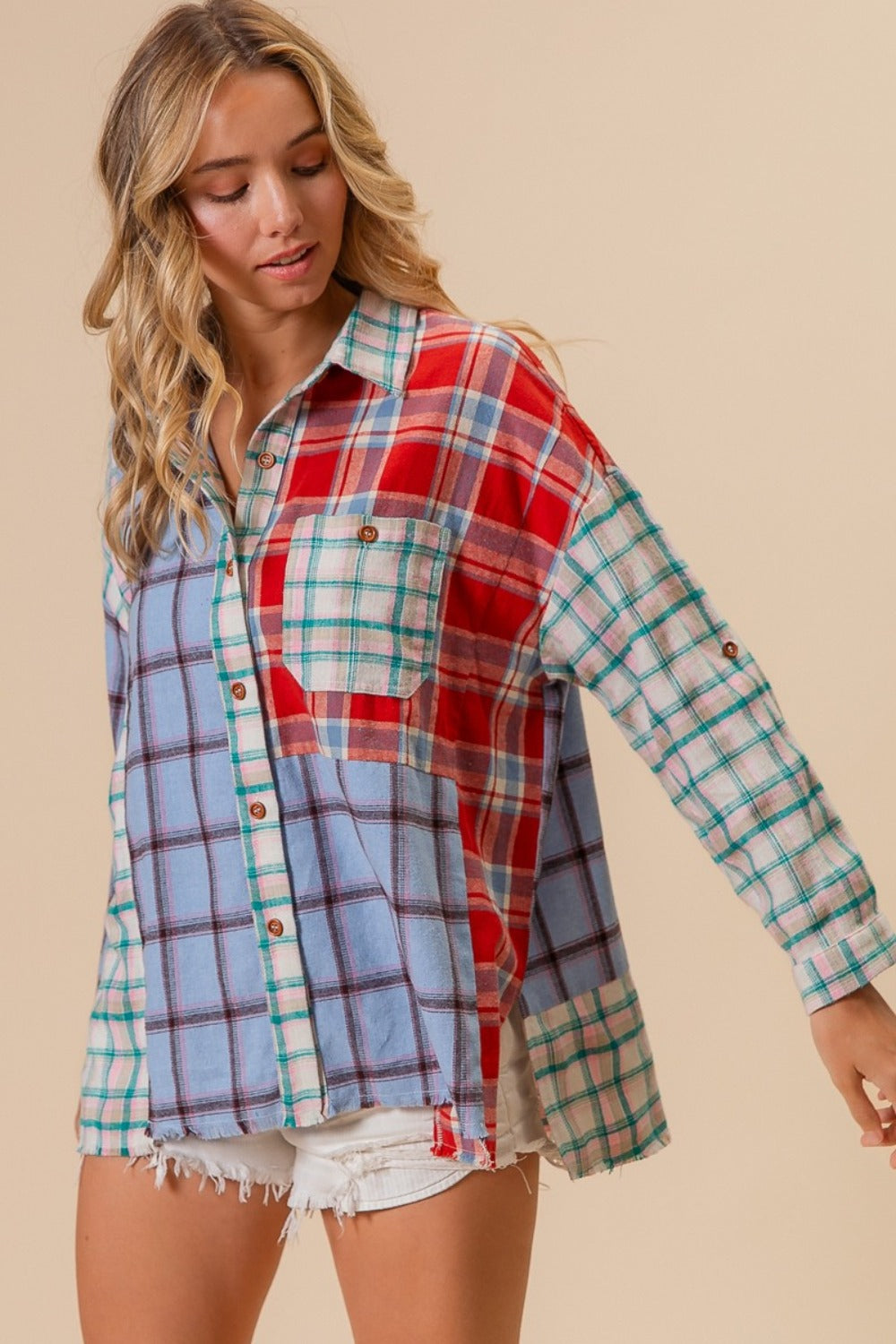 BiBi Denim Color Block Plaid Button Down Shirt Trendsi