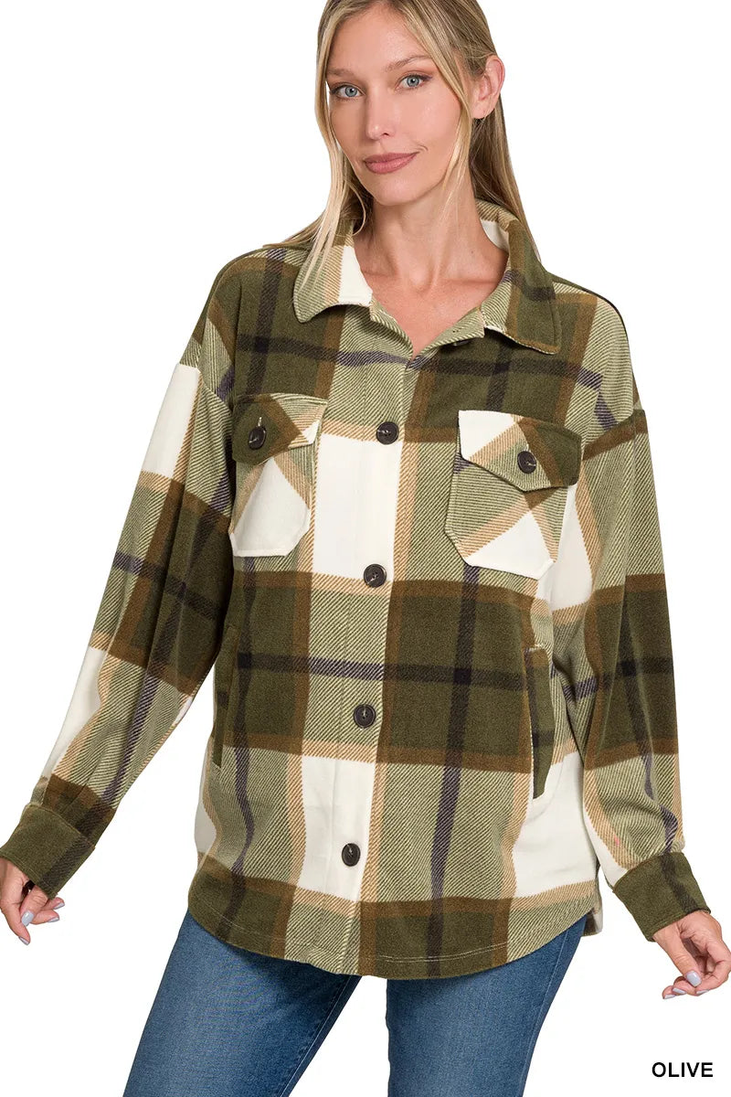 Zenana Black Oversized Plaid Fleece Shacket
