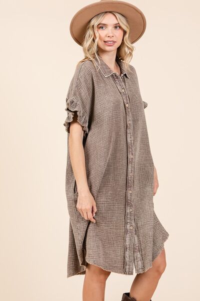 Mittoshop Toffee Mineral Wash Cotton Gauze Mini Shirt Dress