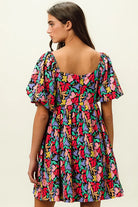 BiBi Black Multi Floral Print Puff Sleeves Square Neck Dress