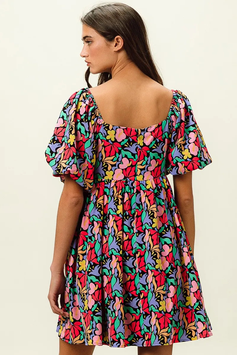 BiBi Black Multi Floral Print Puff Sleeves Square Neck Dress