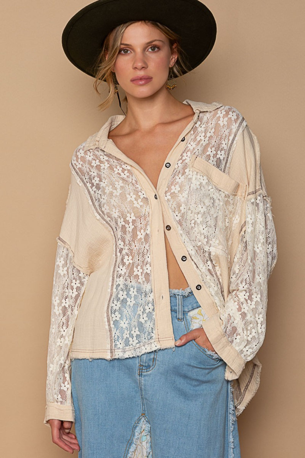 POL Sand Oversize Lace Button-Down Shirt Sand Trendsi