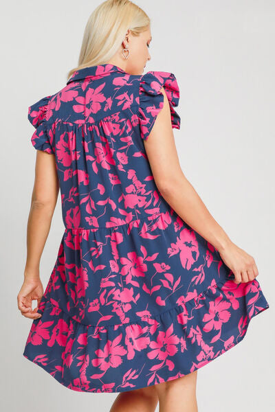 Umgee Navy & Pink Floral Print Ruffle Cap Sleeve Tiered Dress