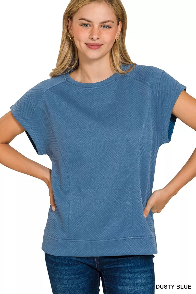 Zenana Dusty Blue Textured Knit Jacquard Short Sleeve Top DUSTY BLUE