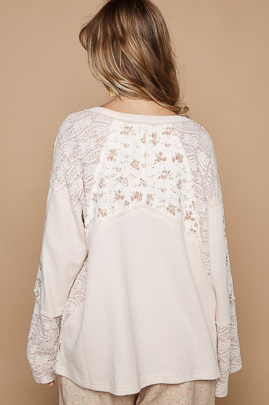 POL Lace Floral Round Neck Knit Top in Egg Shell Shirts & Tops