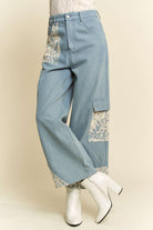 Davi & Dani Lace Applique Wide Leg Light Washed Jeans Pants