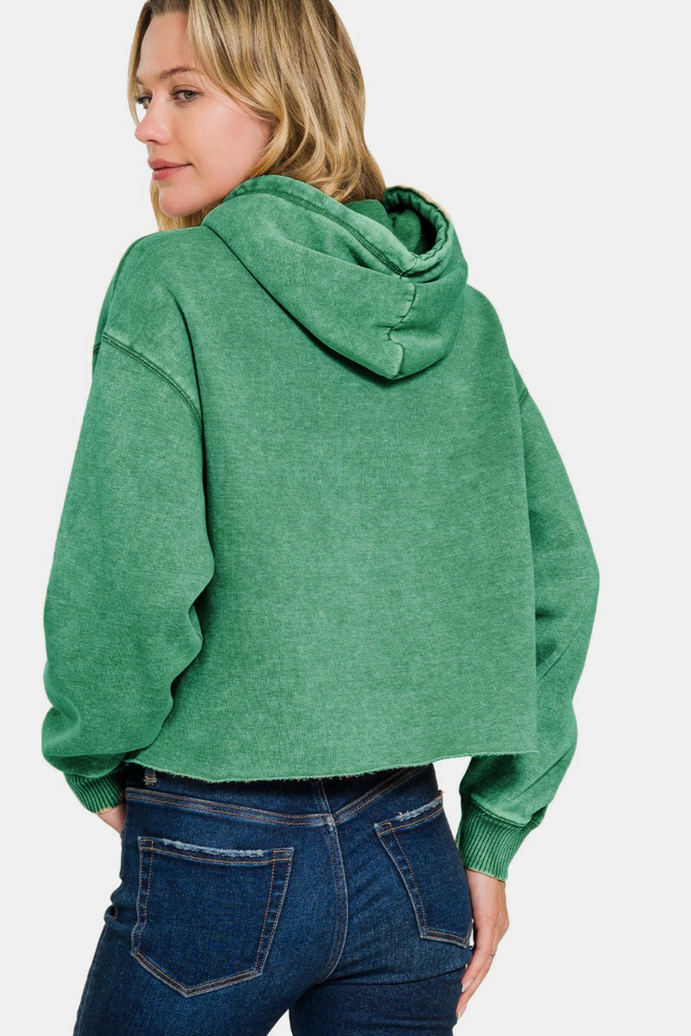 Zenana Forest Green Acid Washed Fleece Cropped Hoodie Shirts & Tops