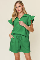 Double Take Quilted Textured Flounce Sleeve Top and Drawstring Shorts Set Mid Green Loungewear