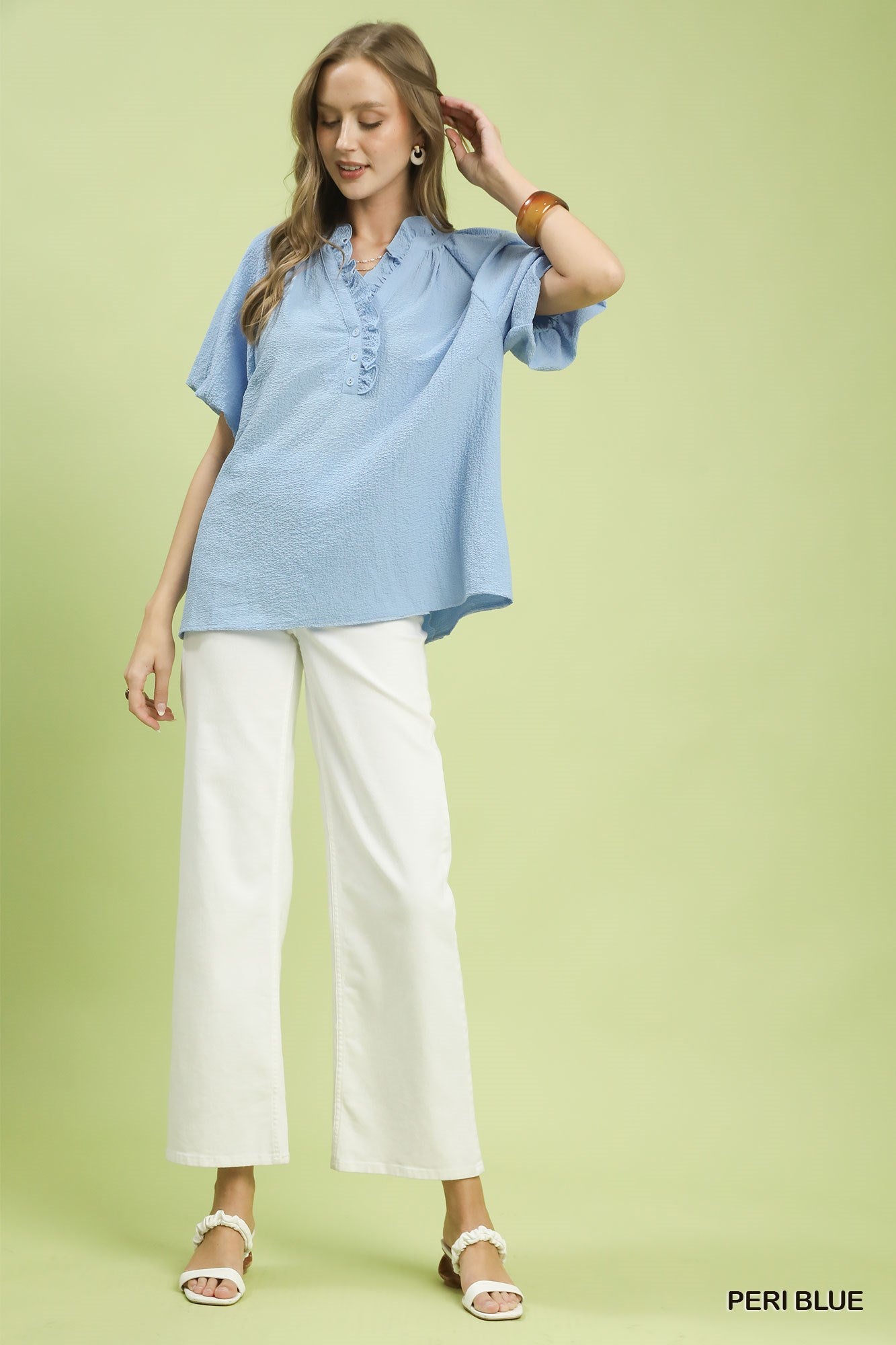 Umgee Peri Blue Puff Sleeve Ruffle Neck Tunic Blouse