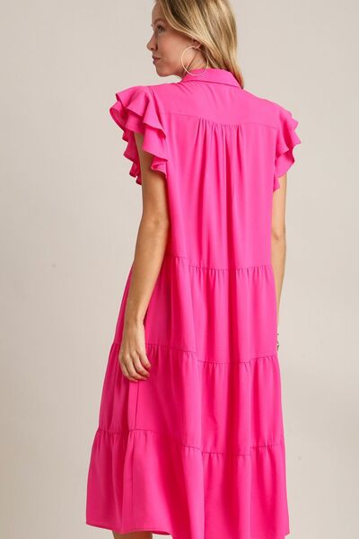 Umgee Hot Pink Johnny Collar Ruffle Cap Sleeve Tiered Dress