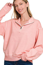 Zenana Pink French Terry Pigment & Enzyme Washing Half Zip Top DK PINK