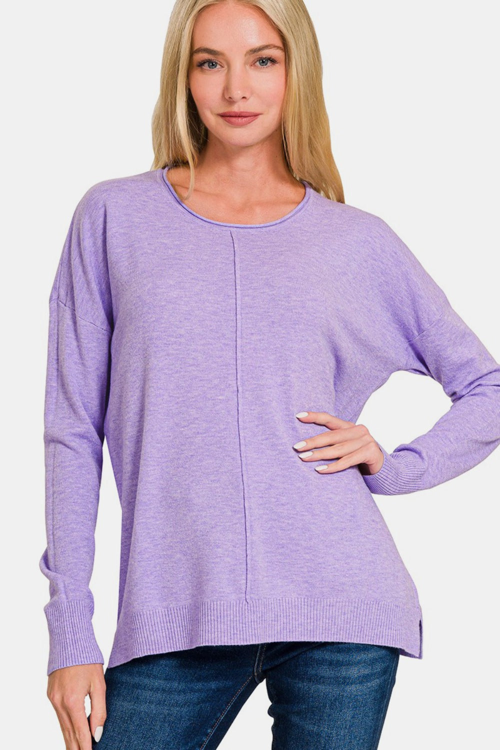 Zenana Lavender Front Seam Round Neck Viscose Sweater H Lavender Shirts & Tops