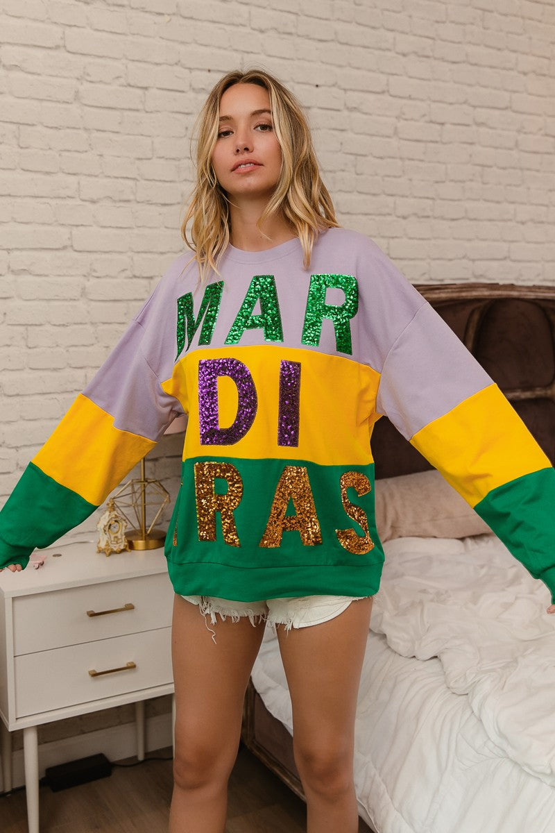 BiBi Sequin Mardi Gras Lettering Color Block Sweatshirt
