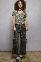 POL Grey Leopard Printed V-Neck Short Sleeve T-Shirt