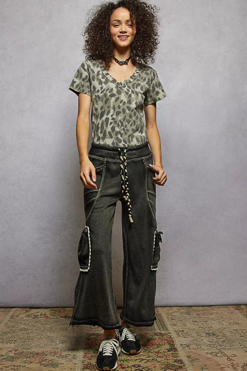 POL Grey Leopard Printed V-Neck Short Sleeve T-Shirt