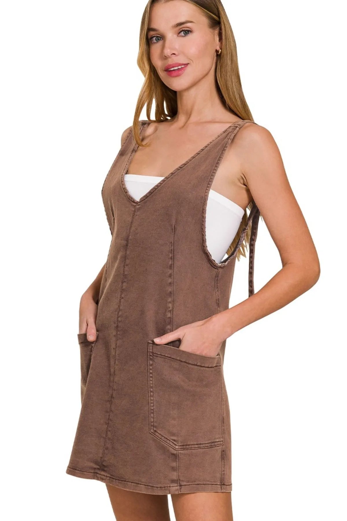 Zenana Mahogany Washed Denim Overall Dress MAHOGANY