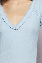 POL Powder Blue V-Neck Long Sleeve Ribbed Top with Lace-Accent Neckband