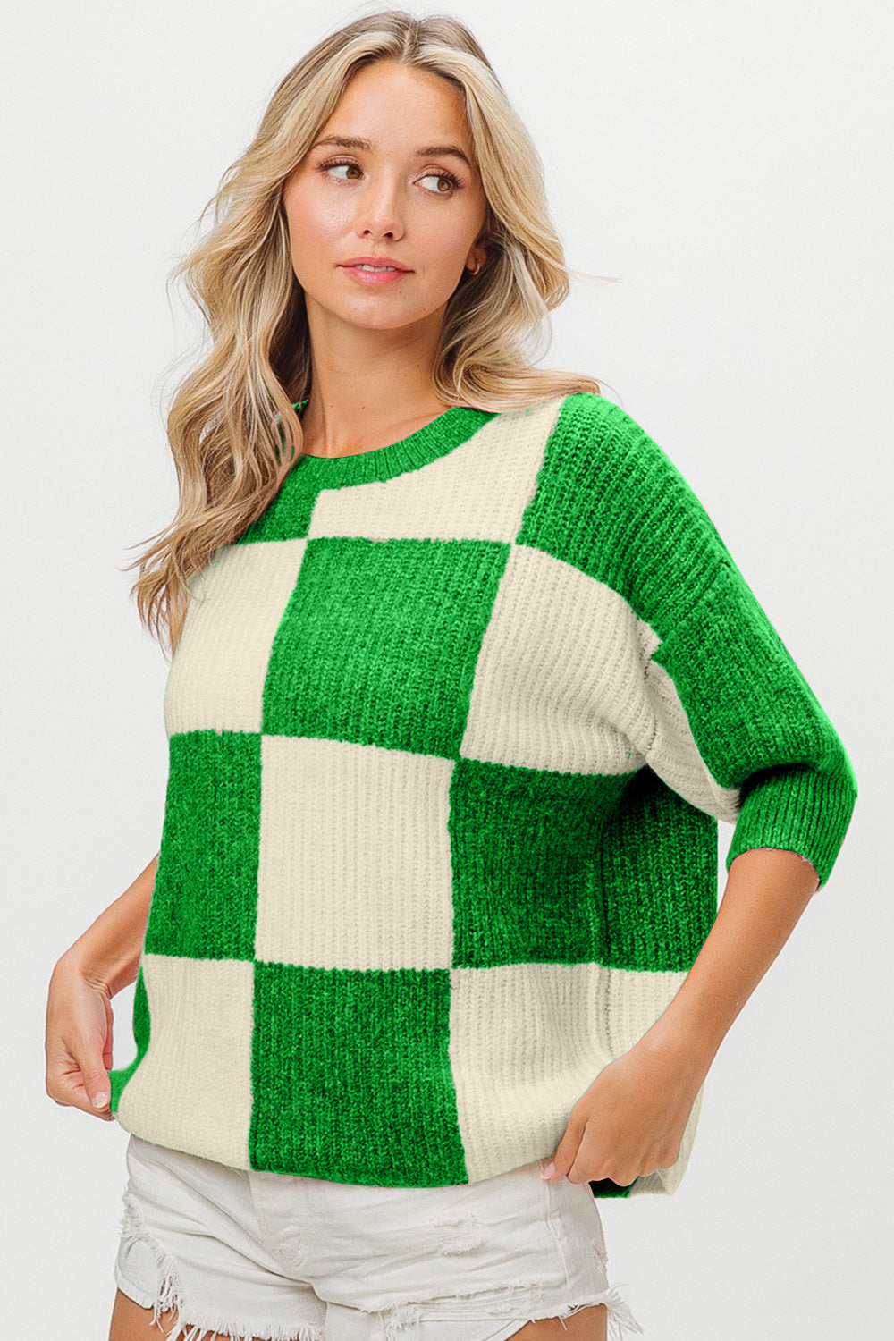 BiBi Jade Checkered Contrast Round Neck Sweater Trendsi