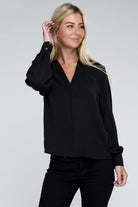 Zenana Woven Airflow V-Neck Long Sleeve Top ZENANA