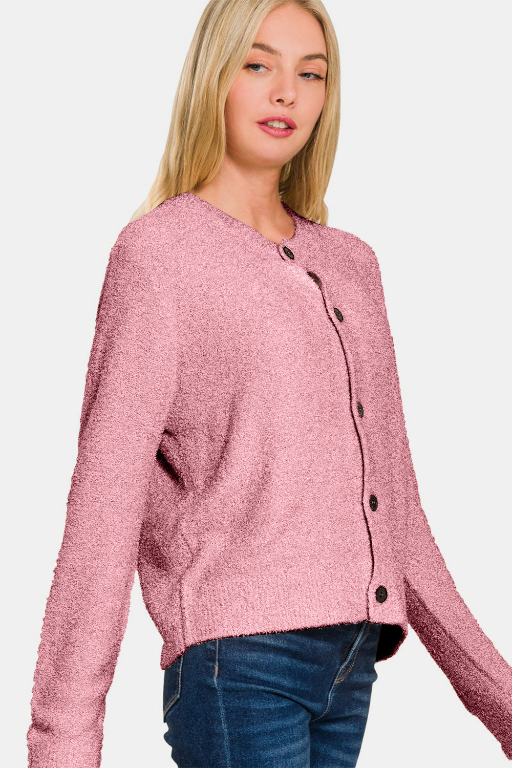 Zenana Light Rose Button Down Long Sleeve Sweater Cardigan Trendsi