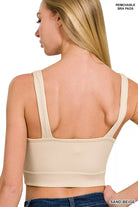 Zenana Sand Beige Seamless Ribbed Cropped Bra Padded V-Neck Tank