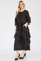 Celeste Black Honey Comb Asymmetrical Ruffle Midi Dress