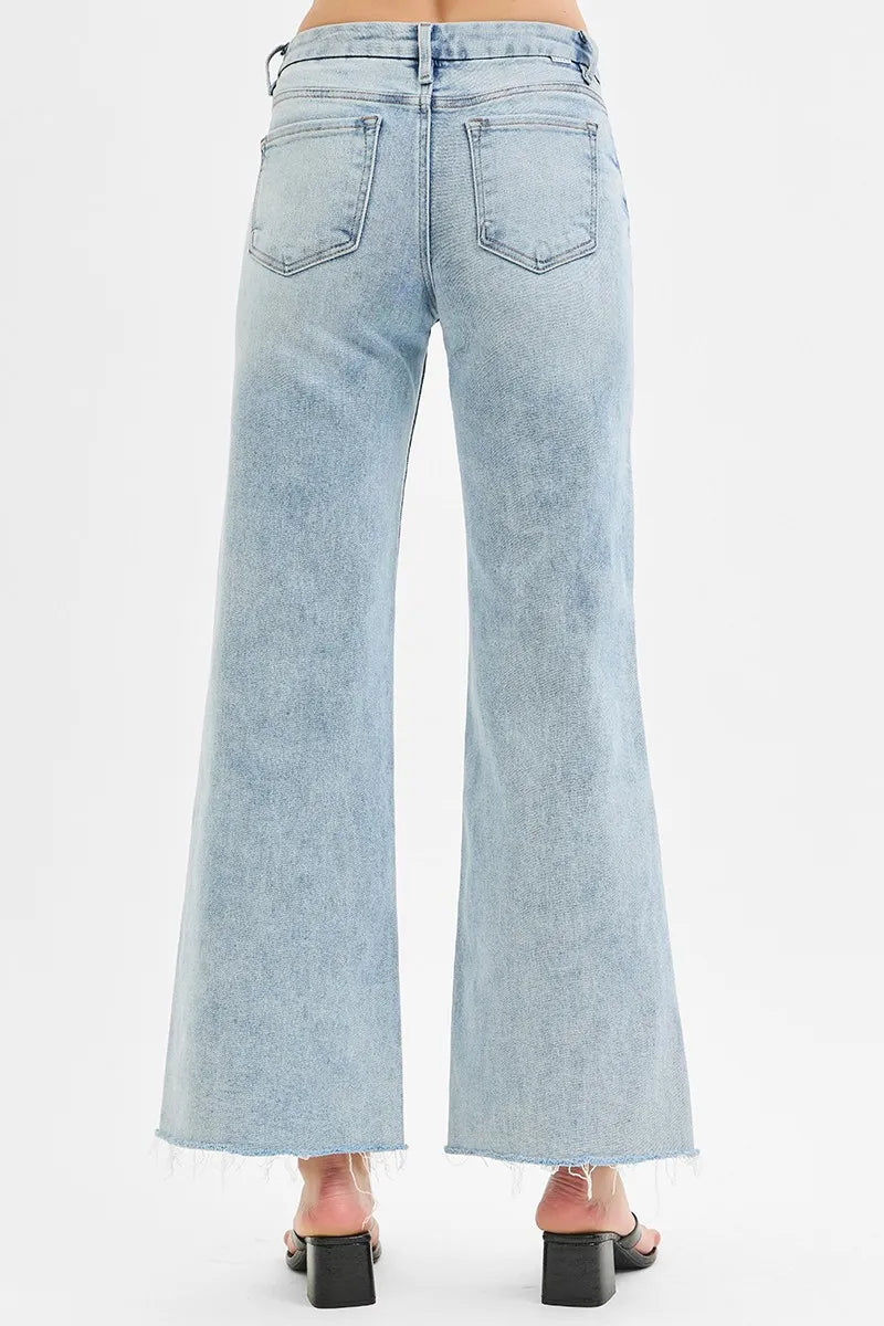 RISEN Tummy Control Low Rise Wide Leg Raw Cut Hem Jeans