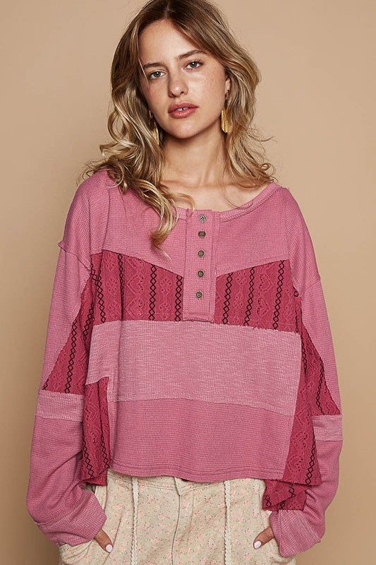 POL Cerise Half Button Color Block Drop Shoulder Knit Top Cerise Shirts & Tops