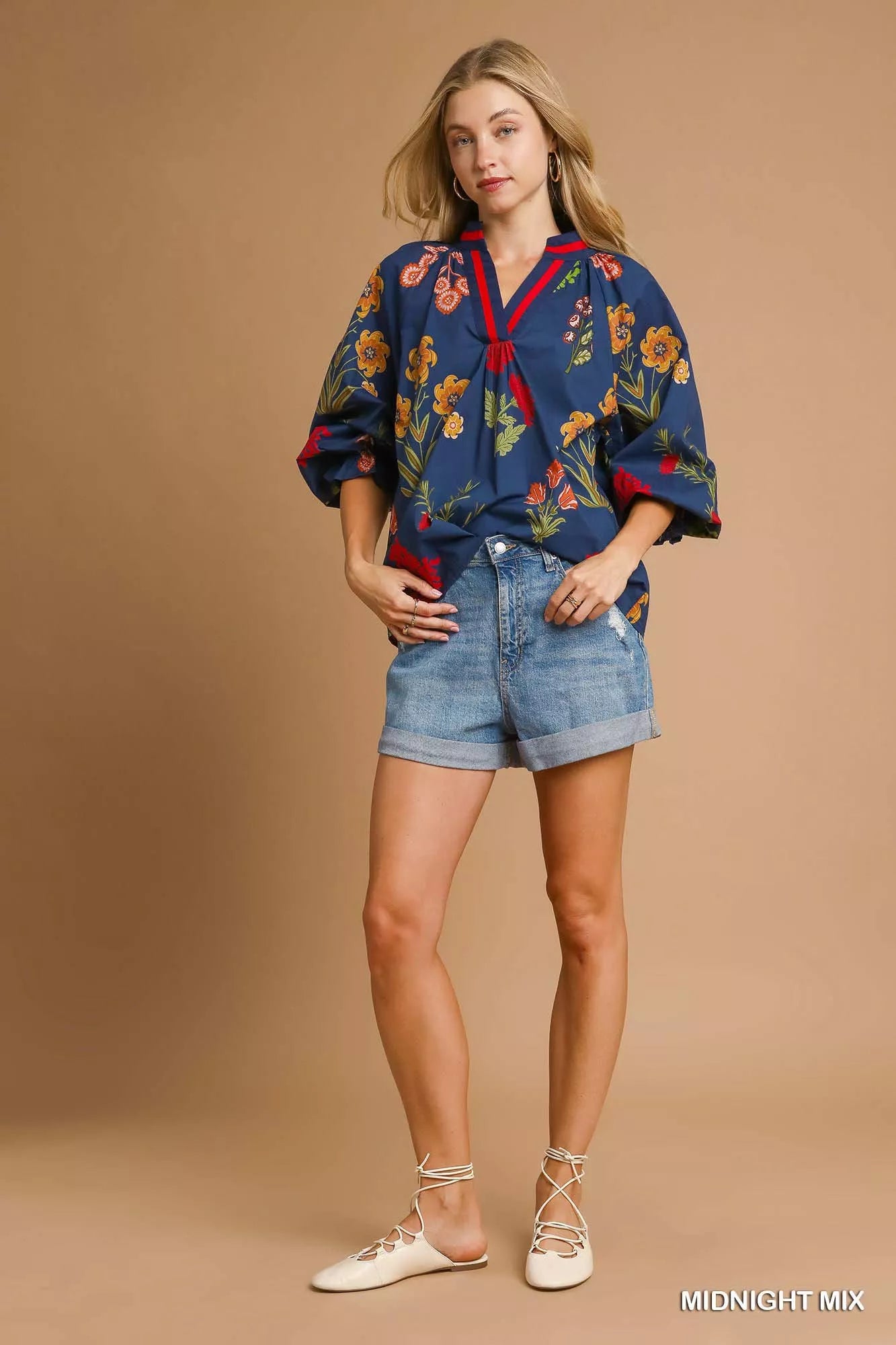 Umgee Midnight Mix Floral Print Flounce Sleeve Blouse