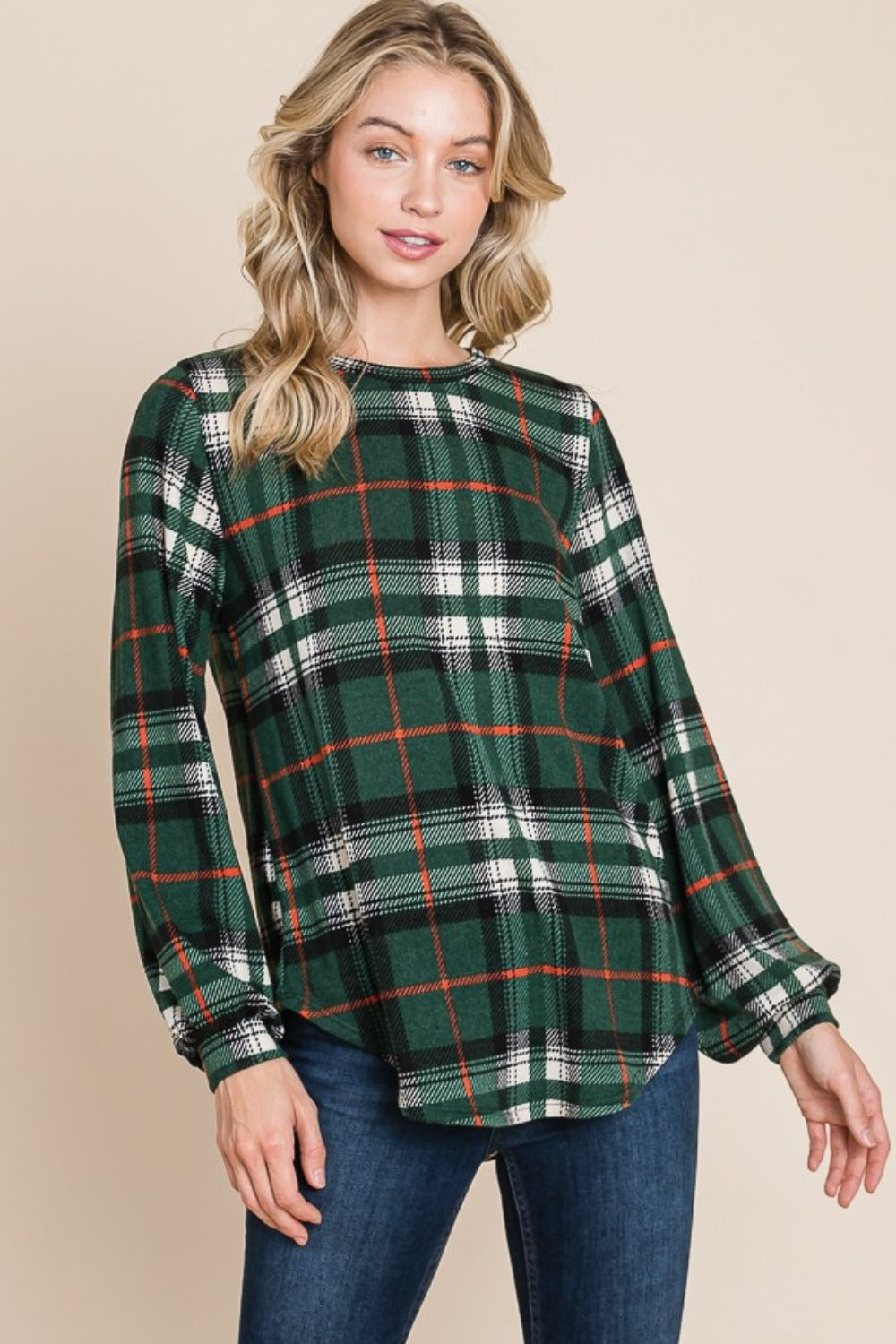 BOMBOM Curved Hem Plaid Round Neck Long Sleeve Top Green