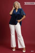 Umgee Navy Velvet Embroidered Sleeve Blouse