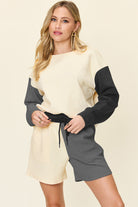 Double Take: 6 Colors: Quilted Textured Color Block Contrast Long Sleeve Drop Shoulder Top and Shorts Set Black Loungewear