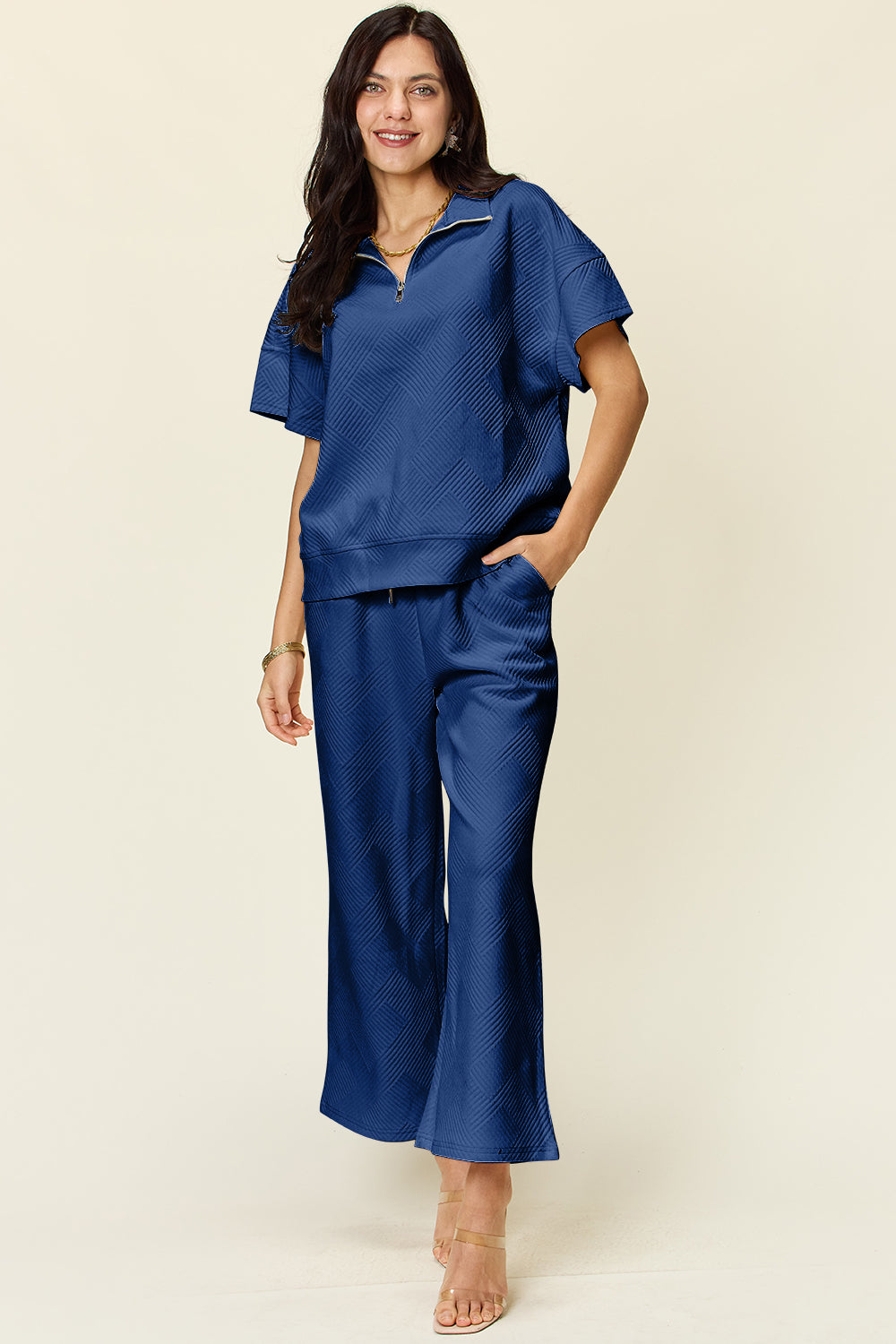 Double Take Quilted Textured Half Zip Short Sleeve Top and Pants Set Royal Blue Trendsi