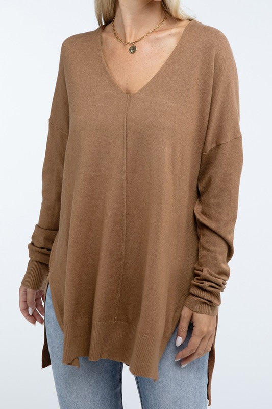 Zenana Hi-Low Hem Front Seam Sweater in 5 Colors H DEEP CAMEL ZENANA