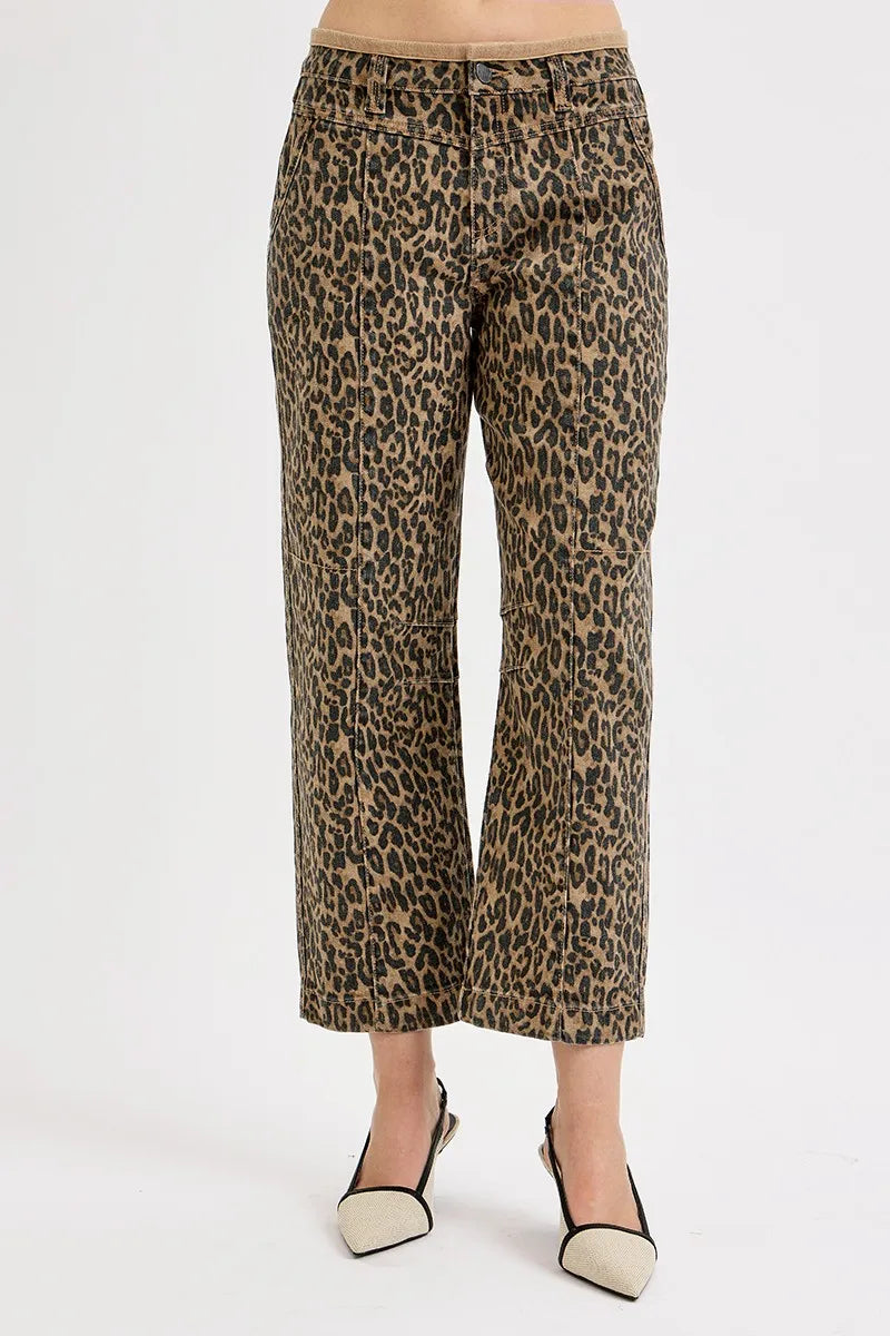 RISEN Leopard Mid Rise Crop Relaxed Jeans